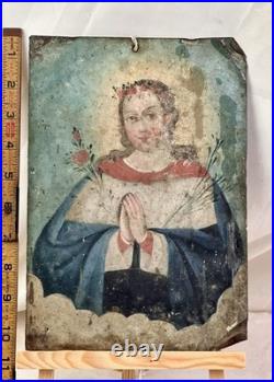 Devotional Antique Painting of Our Blessed Mother, Retablo, Religious Art