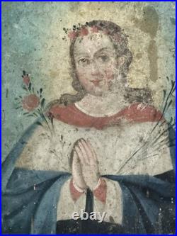 Devotional Antique Painting of Our Blessed Mother, Retablo, Religious Art
