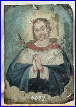 Devotional Antique Painting of Our Blessed Mother, Retablo, Religious Art