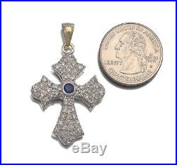 Diamond Blue Sapphire 18K White Gold HUGE 12.8g Heavy Antique Cross Pendant