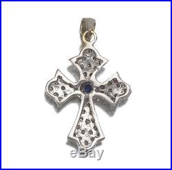 Diamond Blue Sapphire 18K White Gold HUGE 12.8g Heavy Antique Cross Pendant