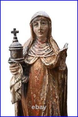 Early Antique Spanish 17th Century Wooden Figure From St. Claire From Assisi