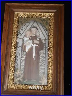 Excellent Antique Religious Statue Santo Wood Altar Box Chalkware Joseph withJesus