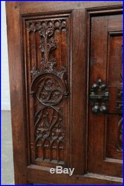 Exceptional Antique French Gothic Cabinet, Religious Carvings, 1900's, Oak