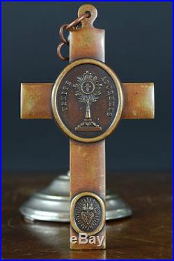 Exceptional large bronze antique religious pectoral cross nun brother 19thc