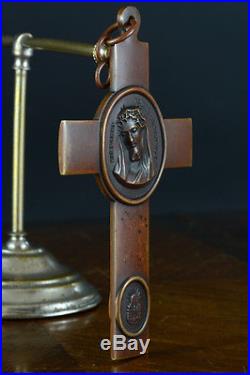 Exceptional large bronze antique religious pectoral cross nun brother 19thc