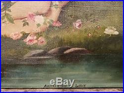 FABULOUS RARE! Antique Oil Painting ROSES Cherub ANGEL Putti BIRDS Signed