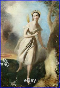 FAIRY DANCING IN FLORAL LANDSCAPE ANTIQUE BEAUTIFUL OIL PAINTING (c. 1850)