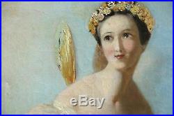 FAIRY DANCING IN FLORAL LANDSCAPE ANTIQUE BEAUTIFUL OIL PAINTING (c. 1850)