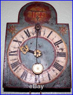 Fabulous! Antique 1840 Painted Hanging Clock Religious Parts Weights Primitive