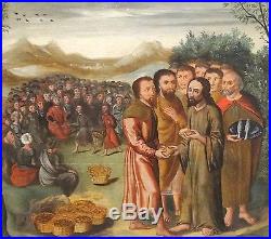 Fine 16th Century Flemish Christ Feeding The 5000 Multitude Antique Oil Painting