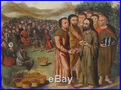 Fine 16th Century Flemish Christ Feeding The 5000 Multitude Antique Oil Painting