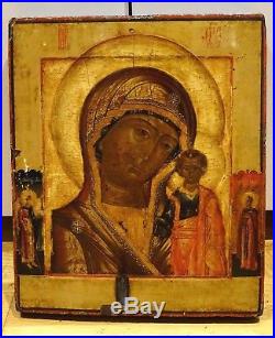 Fine Antique Mother Of God Of Kazan Virgin Mary & Child Tempera On Panel Icon