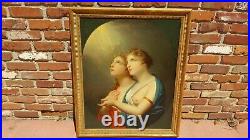 Fine Antique Religious Oil Painting Partially Nude Young Girls Heavenly Light