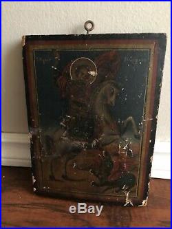 Fine Antique Signed Painting On Board Saint George The Dragon Slayer