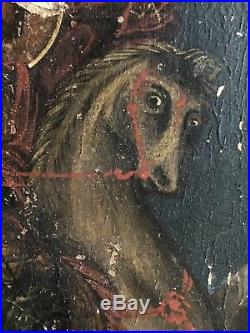 Fine Antique Signed Painting On Board Saint George The Dragon Slayer