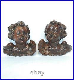 Fine Antique Vintage Wooden Angel Putti Winged Cherub Religious Santos SET of 2