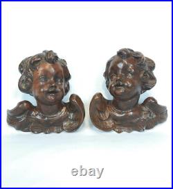 Fine Antique Vintage Wooden Angel Putti Winged Cherub Religious Santos SET of 2 Fine Antique Vintage Wooden Angel Putti Winged Cherub Religious Santos SET of 2