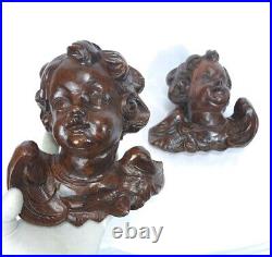 Fine Antique Vintage Wooden Angel Putti Winged Cherub Religious Santos SET of 2