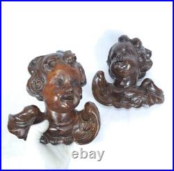 Fine Antique Vintage Wooden Angel Putti Winged Cherub Religious Santos SET of 2