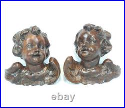 Fine Antique Vintage Wooden Angel Putti Winged Cherub Religious Santos SET of 2