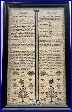 Fine Quality Victorian Antique Sampler Religious text spot motifs. Saunders 1836