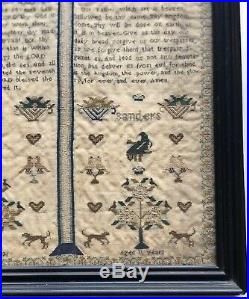Fine Quality Victorian Antique Sampler Religious text spot motifs. Saunders 1836
