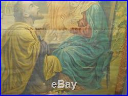 Framed Antique Religious Tapestry Mary Joseph & Jesus