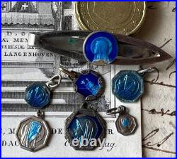 French Antique Blue Medallions & Pins Set, Religious, Damaged, Collectible