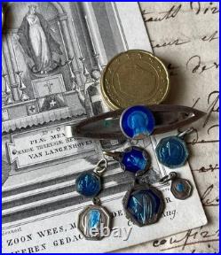 French Antique Blue Medallions & Pins Set, Religious, Damaged, Collectible
