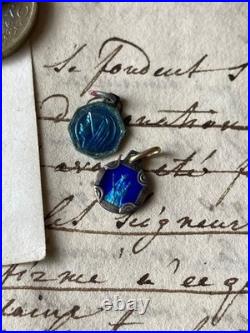 French Antique Blue Medallions & Pins Set, Religious, Damaged, Collectible
