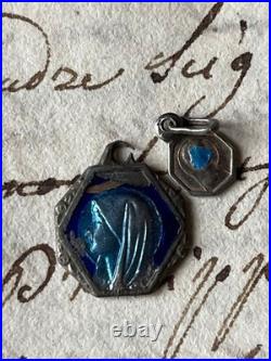 French Antique Blue Medallions & Pins Set, Religious, Damaged, Collectible