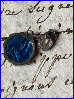 French Antique Blue Medallions & Pins Set, Religious, Damaged, Collectible