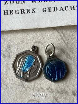 French Antique Blue Medallions & Pins Set, Religious, Damaged, Collectible