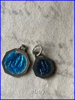 French Antique Blue Medallions & Pins Set, Religious, Damaged, Collectible