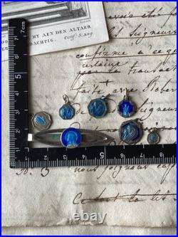 French Antique Blue Medallions & Pins Set, Religious, Damaged, Collectible
