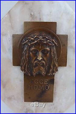 French Antique Bronze Religious Cross Ecce Homo Holy Face Jesus, Marble Base