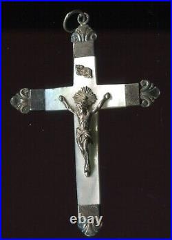 French Antique Catholic Religious Jesus Crucifix Cross, Mother-of-pearl & Silver