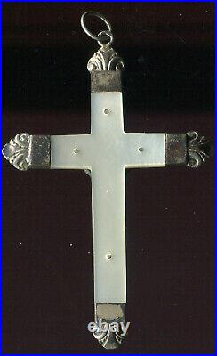 French Antique Catholic Religious Jesus Crucifix Cross, Mother-of-pearl & Silver