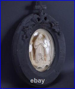 French Antique Mary Meerschaum Wall Black Frame Vintage Religious Sculpture