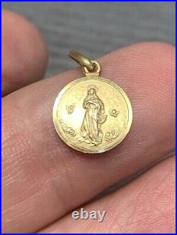 French Antique Pre 1920 Religious 14k Virgin Mary Cherubs Medal Pendant