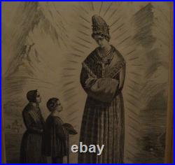 French Antique Religious Framed Lithograph Appearance of Our lady of the Salette