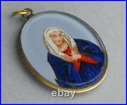 French, Antique Religious Pendant. Saint Virgin Mary & Jesus, Medal Hand painted