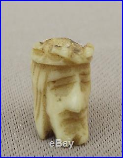 French Antique Religious Rosary Carved Memento Bead Mori Skull Jesus Face 18th. C