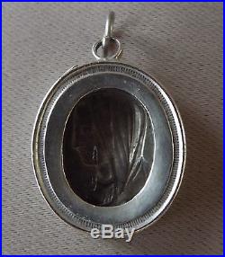 French Antique Religious Silver Medal Pendant Reliquary Medallion Virgin Mary
