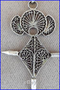 French Antique Religious Sterling Silver Filigree Cross Pendant 19th. C