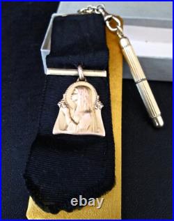 French Antique Watch Fob+Mechanical pencil, Virgin Mary medal, Catholic pendant