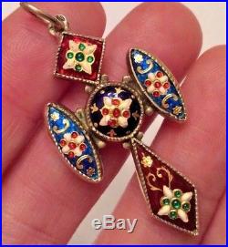 French Bresse BRESSAN Enamel Antique Victorian Cross Pendant Silver Necklace