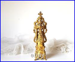 French antique gilted pierced religious statue Virgin in shrine Jesus child