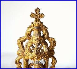 French antique gilted pierced religious statue Virgin in shrine Jesus child